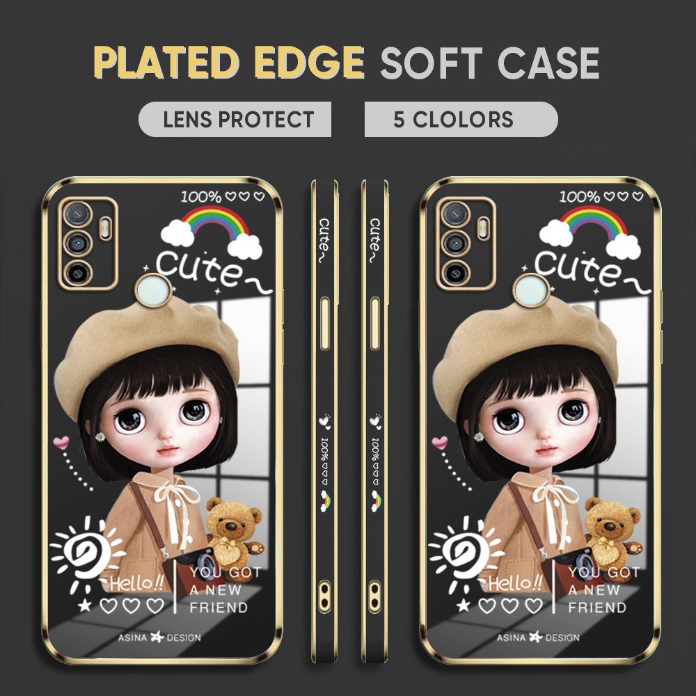 Luxury 6D Plating Case for OPPO A33 2020 Phone Cases Satchel Girl Side Print Soft Silicone Square Back Cover