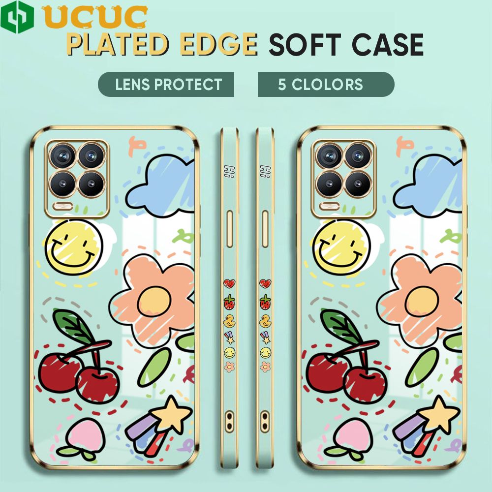 UCUC for Realme 8 Pro Cover Fruit Doodle Luxury 6D Plating Soft Casing Silicone Square Frame Phone Case Shiny Bling Back Cover + Free Lanyard