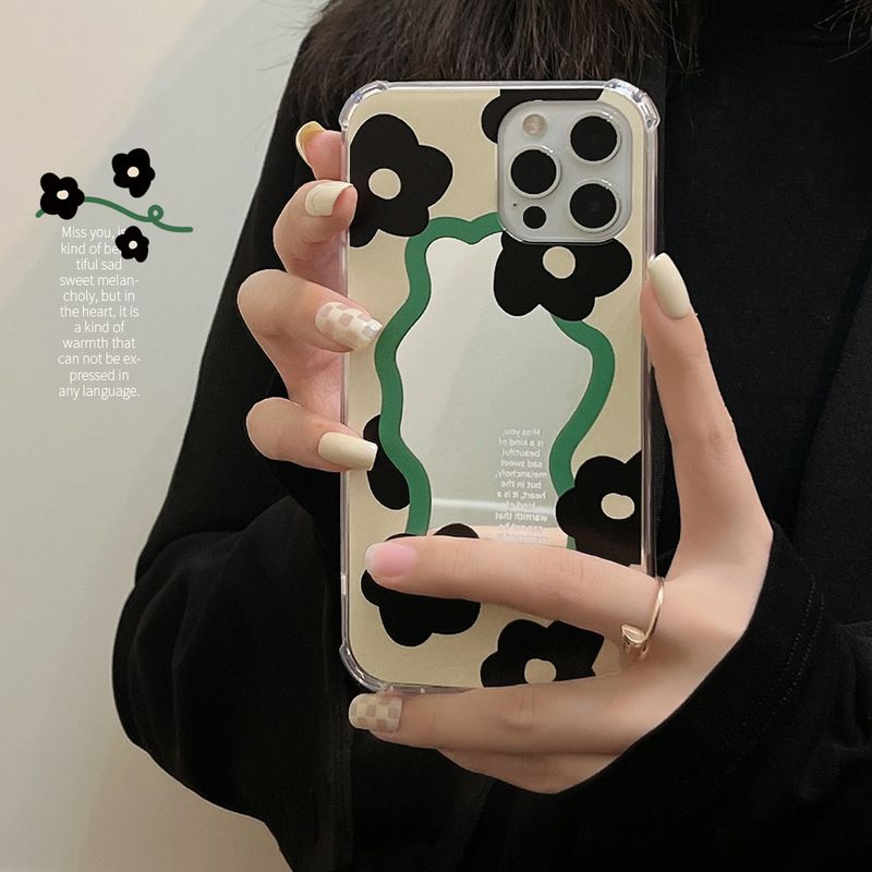 Mirror Style Case Black Flower Pattern Soft Silicone Cover Mobile Phone Protective Case