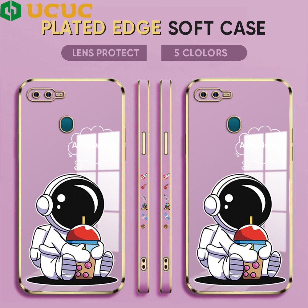 UCUC for OPPO A5S / A7 / A12 / A12S Back Cover + Free Lanyard Cute Astronaut Luxury 6D Plating Case Side Pattern Soft Silicone Square Phone Cases