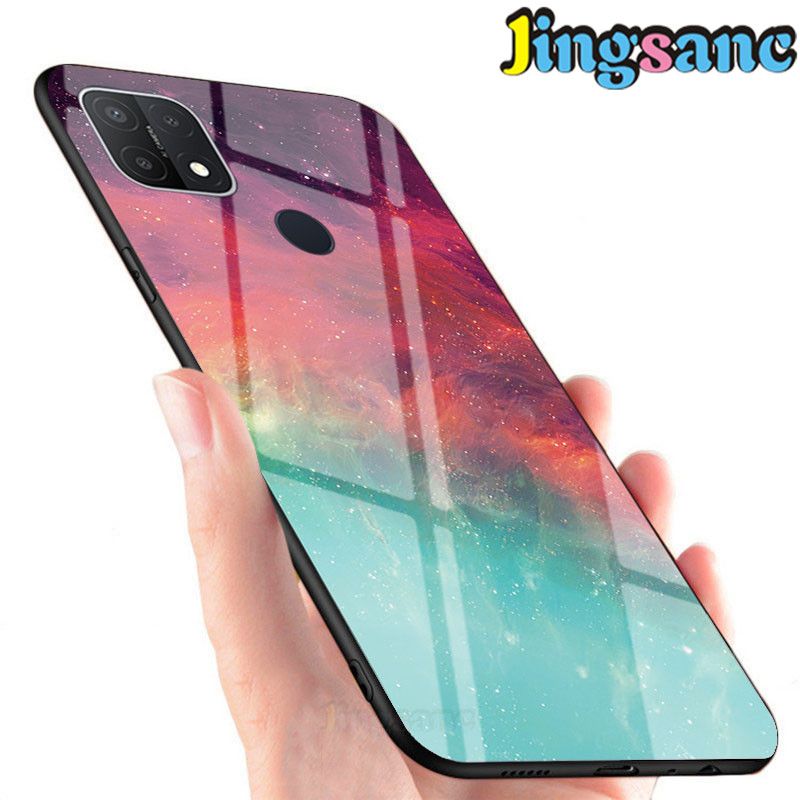 For OPPO A15s/A15 Phone Case Rainbow Gradient Starry Sky Colorful Casing 9H Hardness Glass+Soft TPU Edge Scratchproof Cover