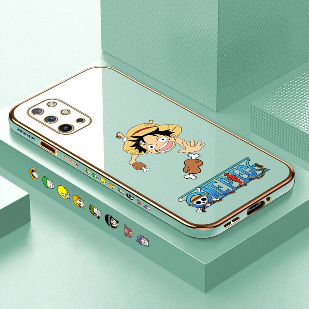 Luxury 6D Plating Case for OnePlus 8T Cartoon Meaty Luffy Side Pattern Back Cover Soft Silicone Square Phone Cases + Free Lanyard