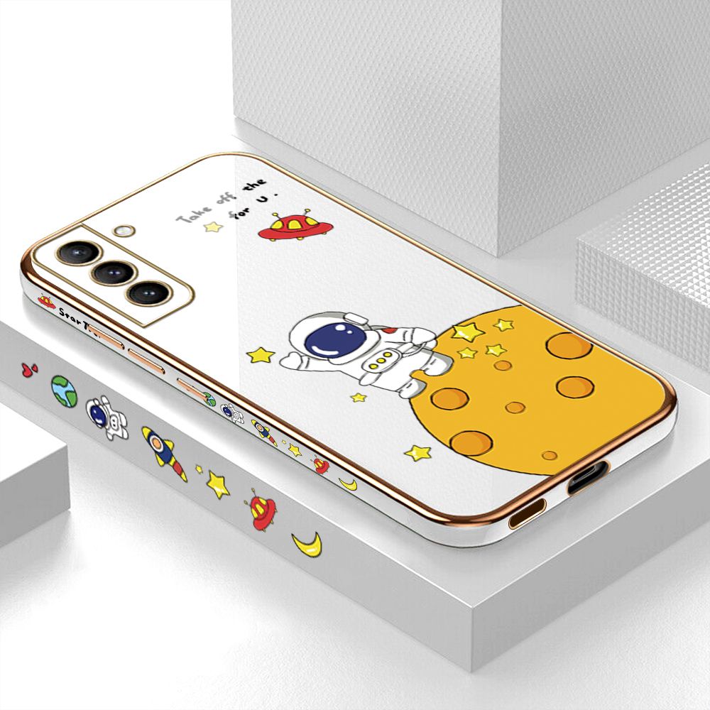 Luxury 6D Plating Case for Samsung S21 Plus 5G Cute Cartoon Happy Astronaut Side Pattern Back Cover Soft Silicone Square Frame Shiny Bling Phone Cases + Free Lanyard