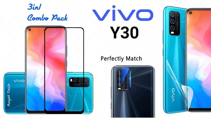 Vivo y30/y50 এর জন্য 3 ইন 1 কম্বো (স্ক্রিন প্রোটেক্টর, ক্যামেরা গ্লাস, স্বচ্ছ পলি ব্যাক)