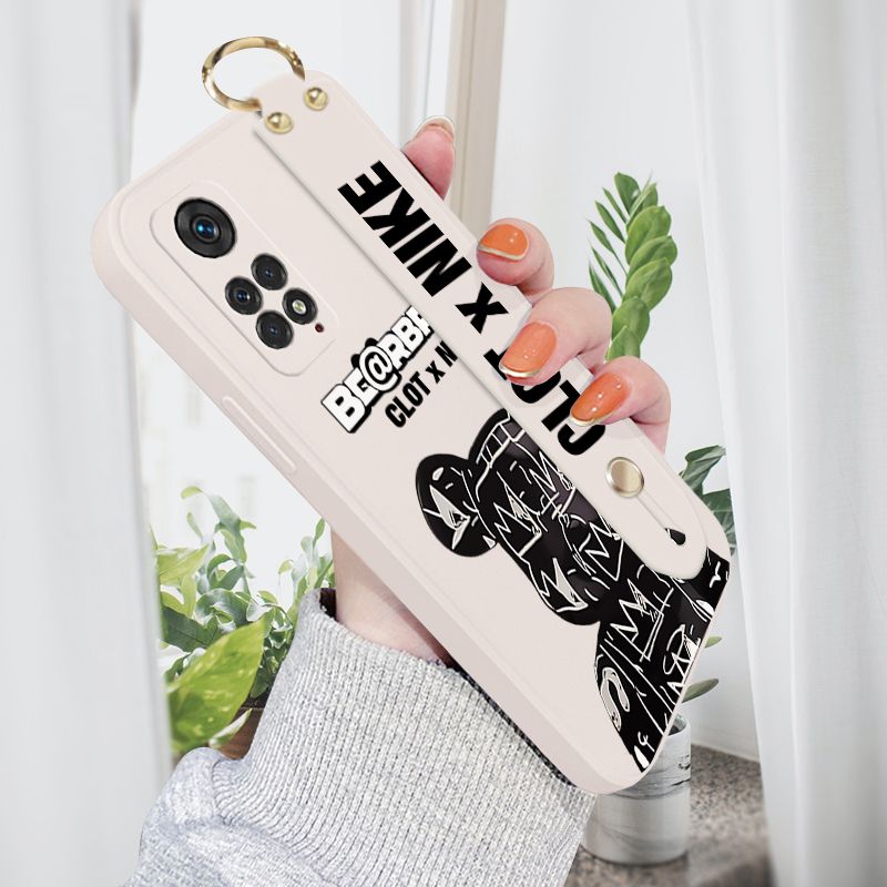 Jizetin for Redmi Note 11 4G / Note 11S Back Cover Fashion Black Brand Bear Wrist Strap Phone Case Candy Color shock proof Protective Phone Cases