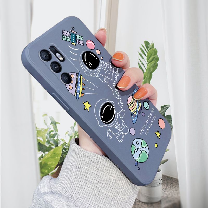 AMORVOR for OPPO Reno6 4G Back Cover Cartoon Cute Astronaut Side design Soft Case Liquid Silicone Phone Cases