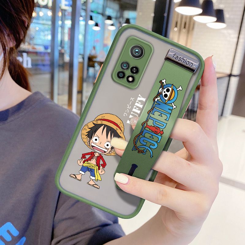 UCUC for Xiaomi Mi 10T Wrist Strap Case Anime One Piece Luffy Wristband Printing Cover Shockproof Frosted Phone Case