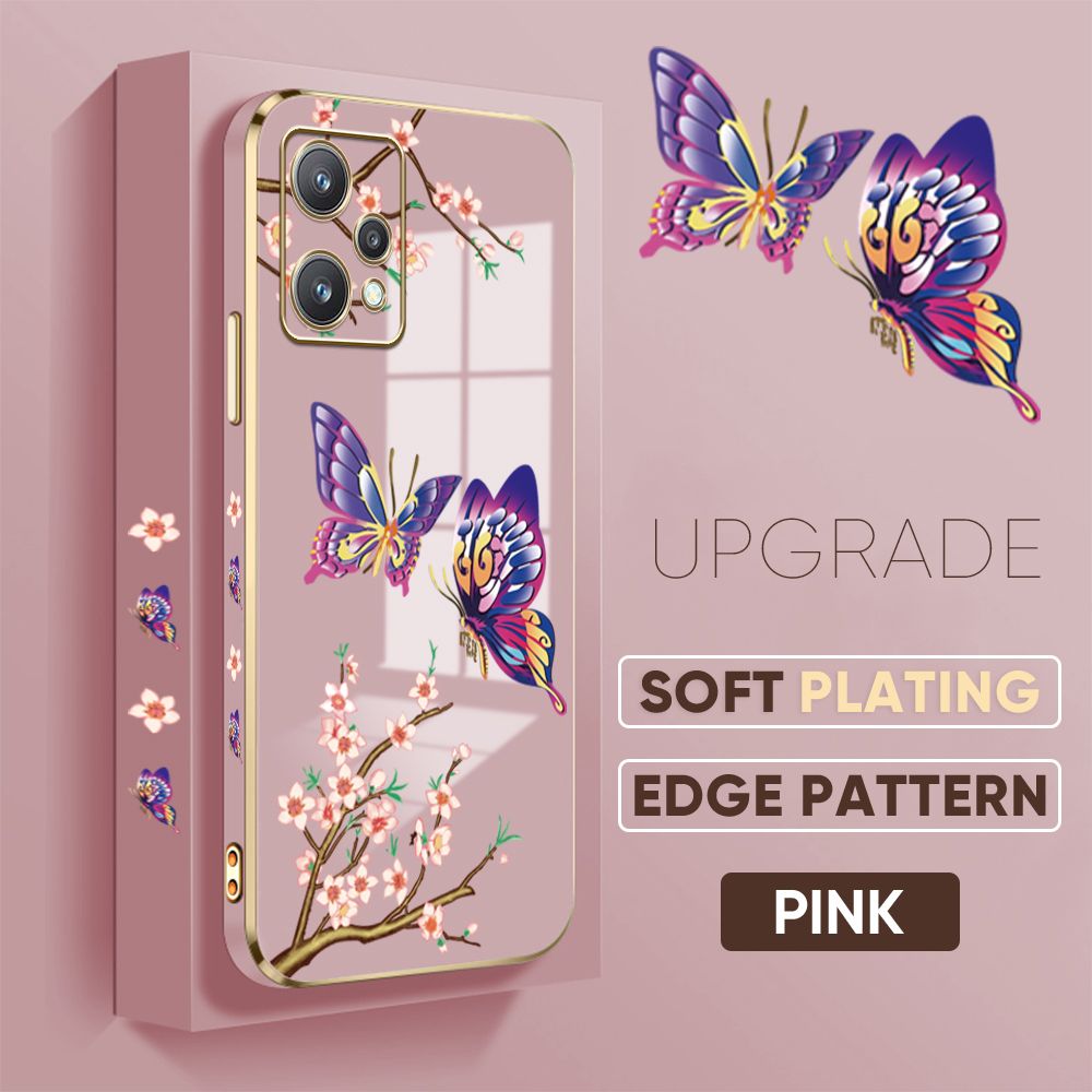 Jizetin (Free Lanyard) Realme 9 Pro / OnePlus_Nord CE 2 Lite 5G Back Cover Peach Blossom and Butterfly Luxury 6D Plating Case Side Pattern Soft Silicone Square Mobile Phone Cases