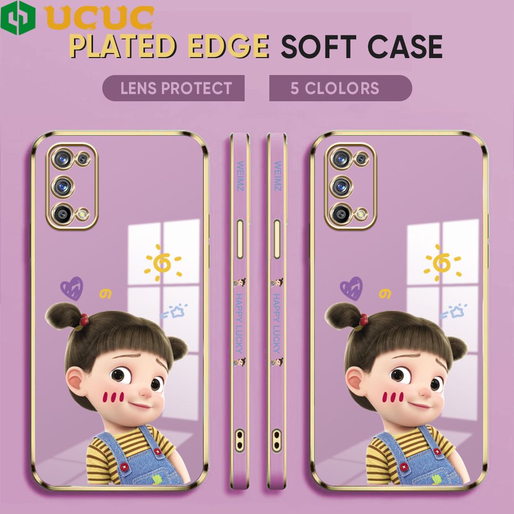 UCUC for Realme 7 Pro Back Cover + Free Lanyard Lovely Girl Luxury 6D Plating Case Side Pattern Soft Silicone Square Phone Cases