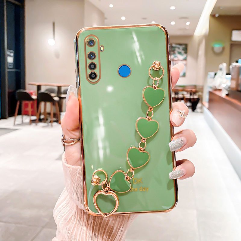 For Realme 5 Back Cover with Love Heart Chain Wrist Strap Fashion Bracelet Shiny Plating Bumper Protective Case Silicone Shockproof Mobile Phone Cases
