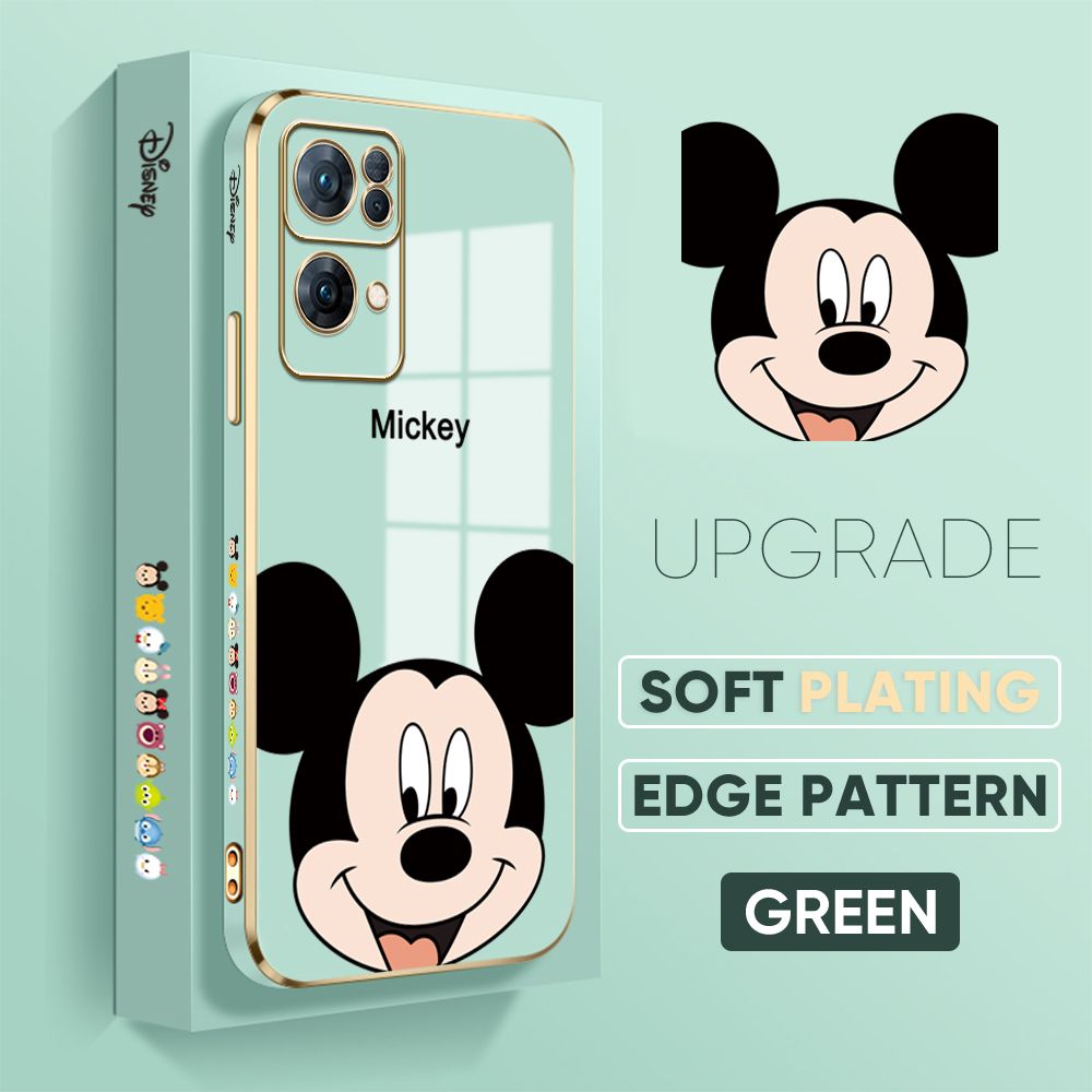 Jizetin (Free Lanyard) OPPO Reno7 Pro 5G Back Cover Cartoon Mouse Luxury 6D Plating Case Side Pattern Soft Silicone Square Mobile Phone Cases