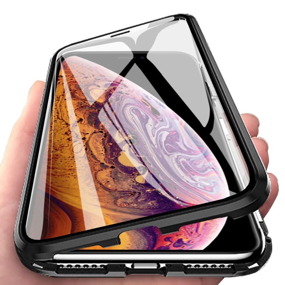 For Apple iPhone XS Casing 360° Full Body Transparent Tempered Glass with Magnetic Adsorption Metal Bumper Case Cover