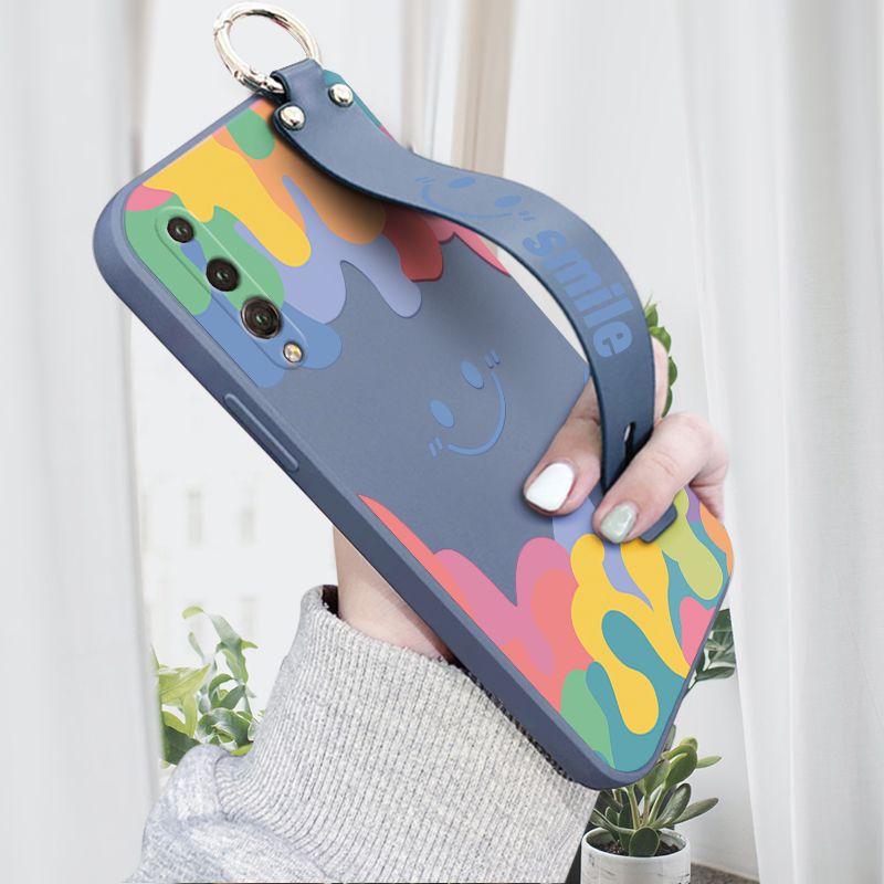 Hontinga for Huawei P20 Pro Wrist Strap Case Soft Candy Color Splash Ink Cover Trend Square Printed Pattern Liquid Silicone Phone Case