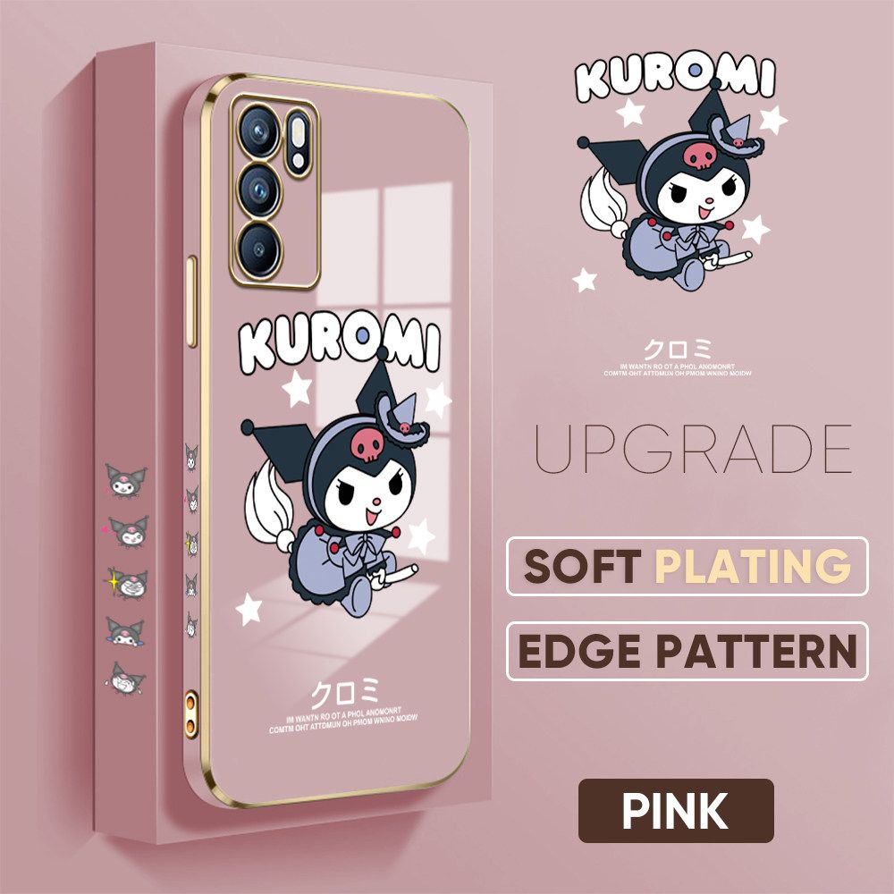 Jizetin (Free Lanyard) OPPO Reno6 5G Luxury 6D Plating Soft Casing Silicone Square Frame Phone Case Shiny Bling Back Cover Cute Cartoon Anime Characters New design Side Drawing Case