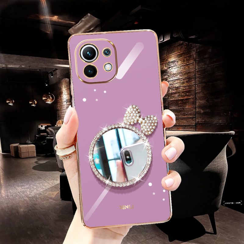 For Xiaomi 11 Lite 5G NE Back Cover + Bowknot Makeup Mirror Fashion Shiny Plating Square Bumper Bling Girls Phone Case Soft TPU Silicone Shockproof Back Cover