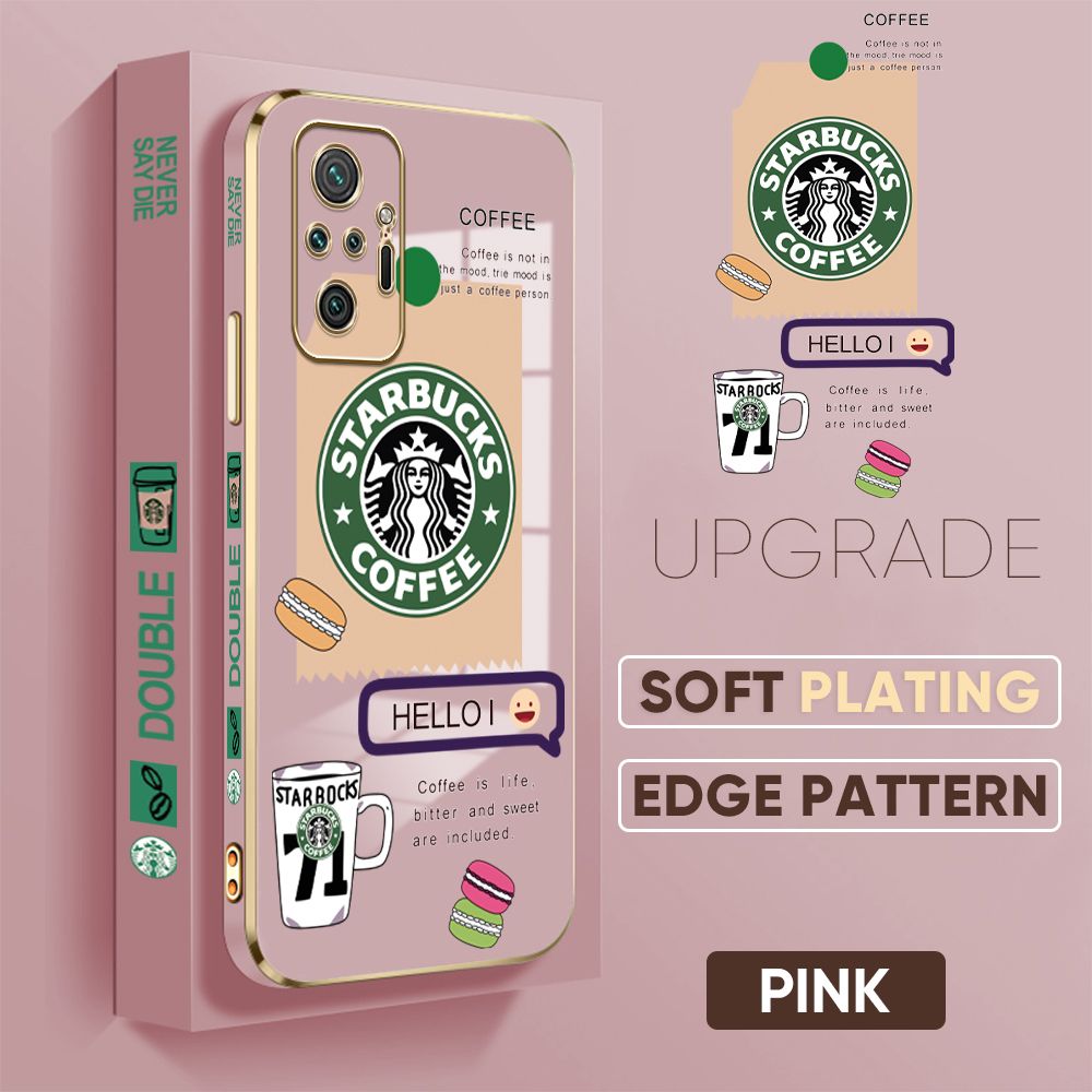 Jizetin (Free Lanyard) Redmi Note 10 Pro / Note 10 Pro Max Back Cover Two Coffee Macaron Luxury 6D Plating Case Side Pattern Soft Silicone Square Mobile Phone Cases