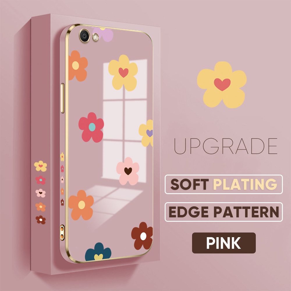 TA for Vivo V5 / V5 Lite / V5S Back Cover + Free Lanyard Falling Flowers Luxury 6D Plating Case Side Pattern Soft Silicone Square Phone Cases