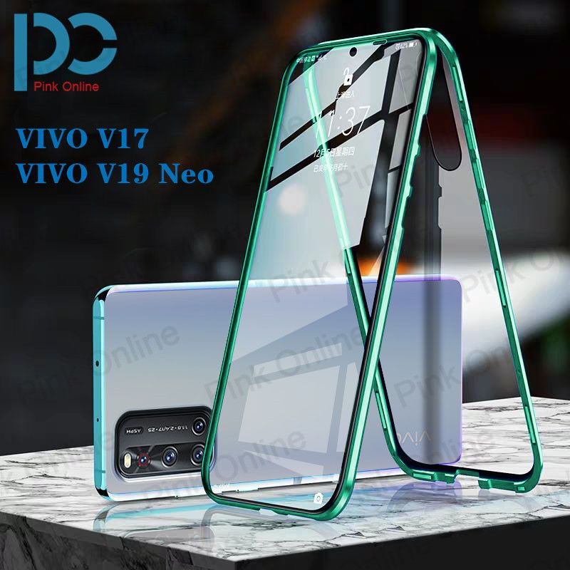 Luxury fashion Double Sided Glass Magnetic Adsorption Metal Bumper Case For VIVO V17 / VIVO V19 Neo Tempered Glass Cover 2 in 1 Aluminum Frame Magnet Adsorption Shell