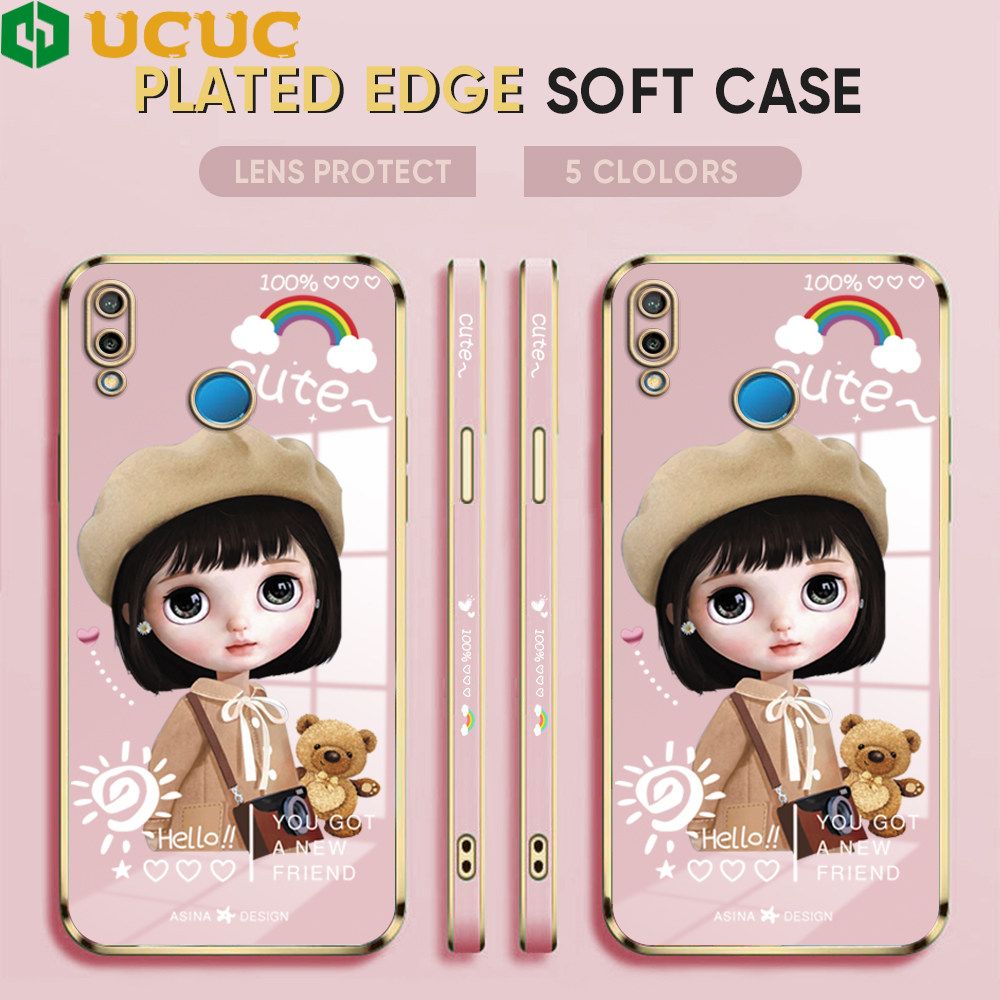 UCUC for Huawei P20 Lite / Nova 3E Back Cover + Free Lanyard Sunshine Girl Luxury 6D Plating Case Side Pattern Soft Silicone Square Phone Cases