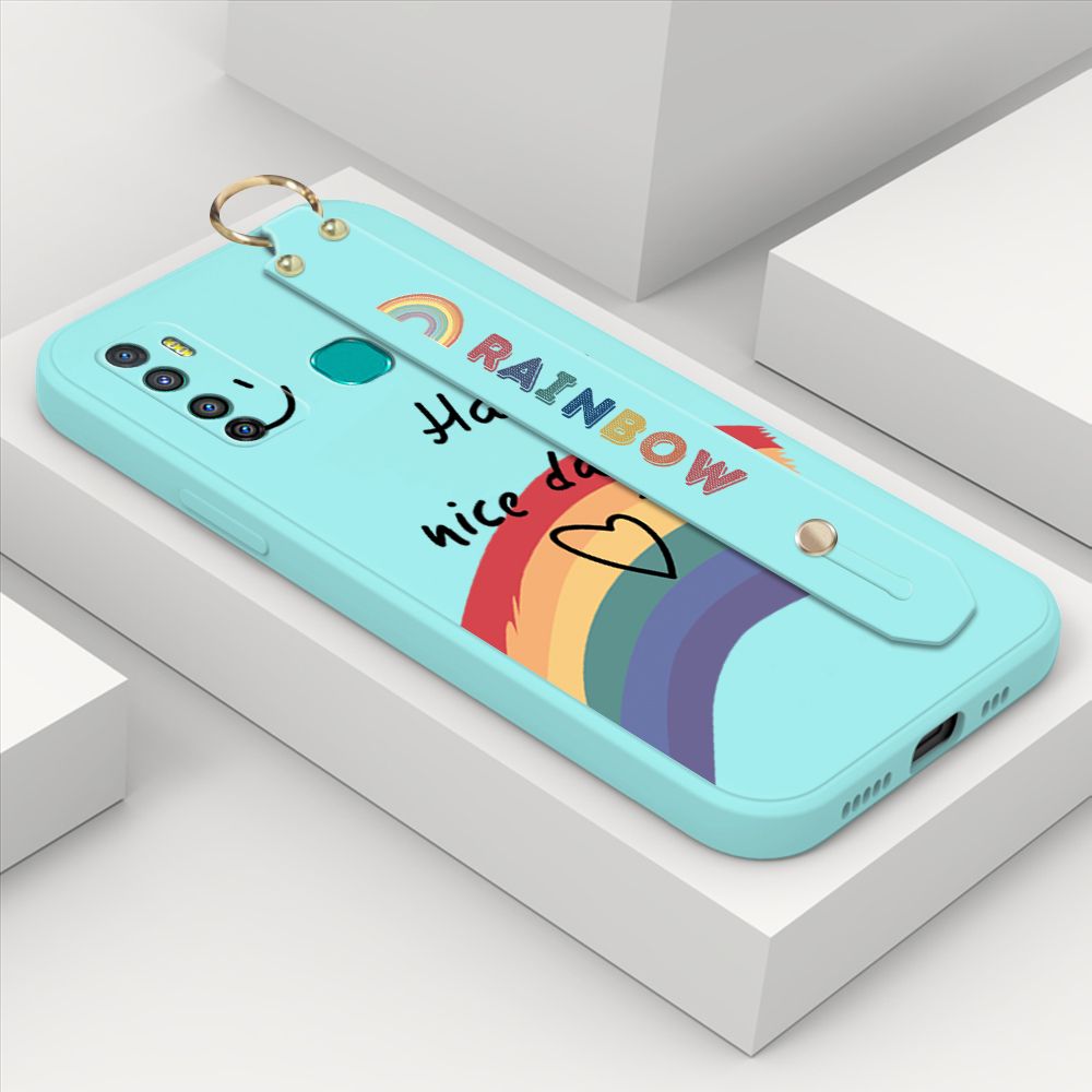 ZeroQiQi for Infinix Hot 9 Wrist Strap Case Lovely Graffiti Rainbow Smile Thin Phone Cover Square Edge Liquid Silicone Creativity Phone Case