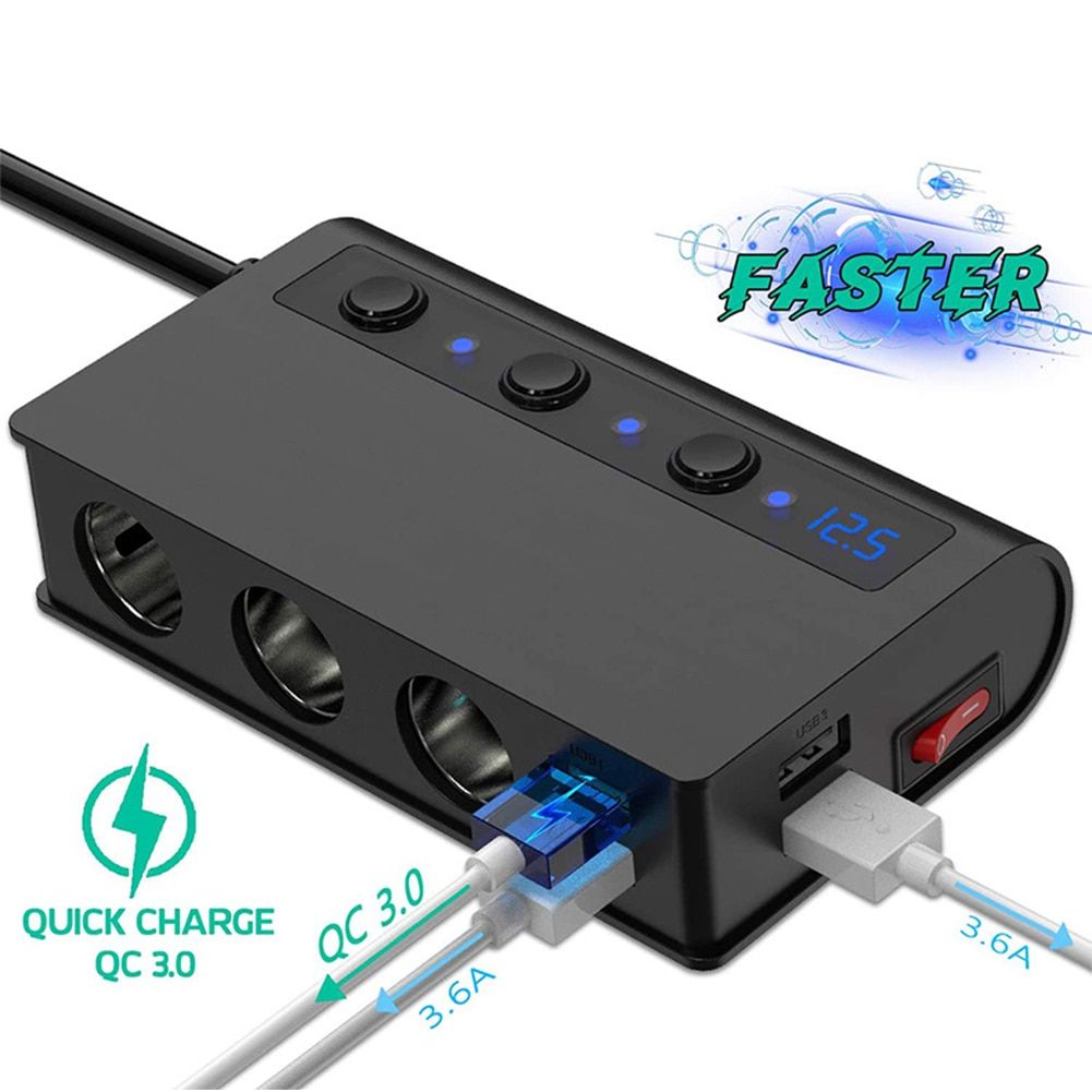 Quick Charge 3.0 Ci_gare_tte Lighter Splitter 12V/24V 3-Socket 180W ON-OFF DC Power Car Splitter with 4-Port USB Car Charger