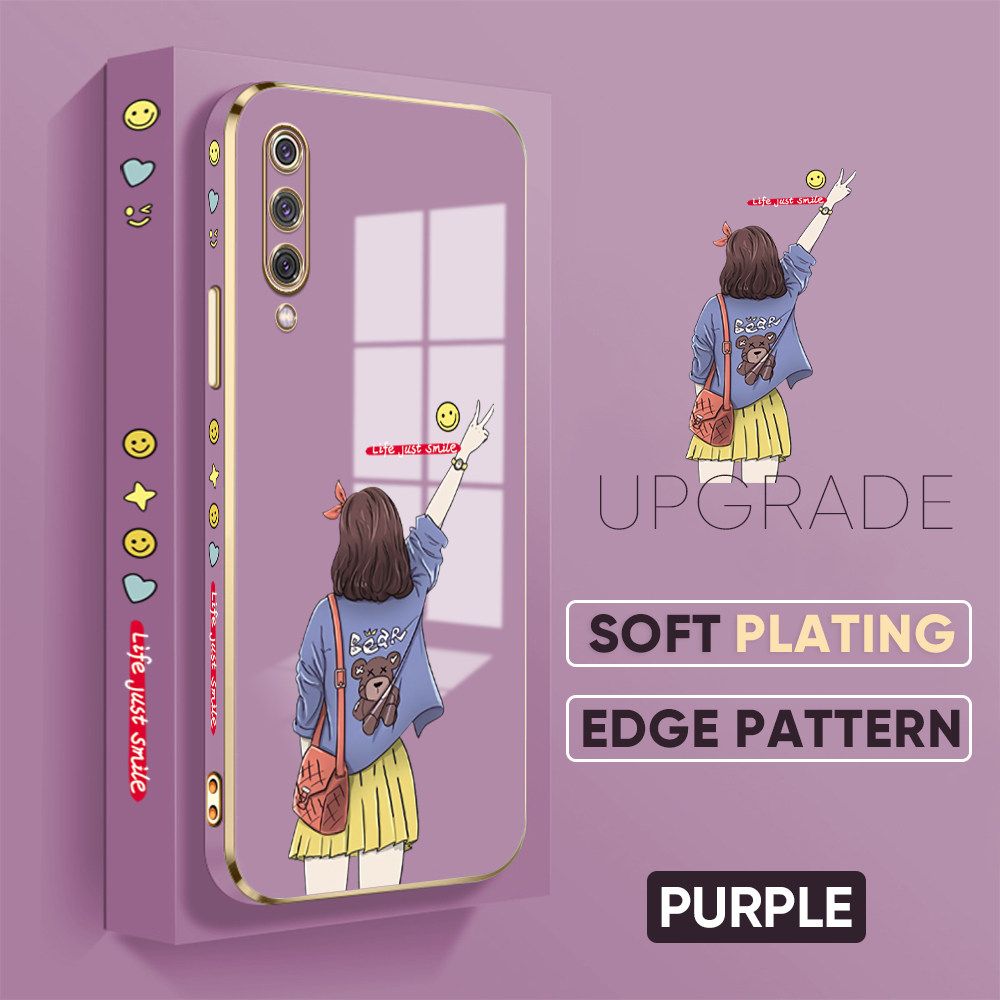TA for Xiaomi 9 Back Cover + Free Lanyard Happy Girl Luxury 6D Plating Case Side Pattern Soft Silicone Square Phone Cases