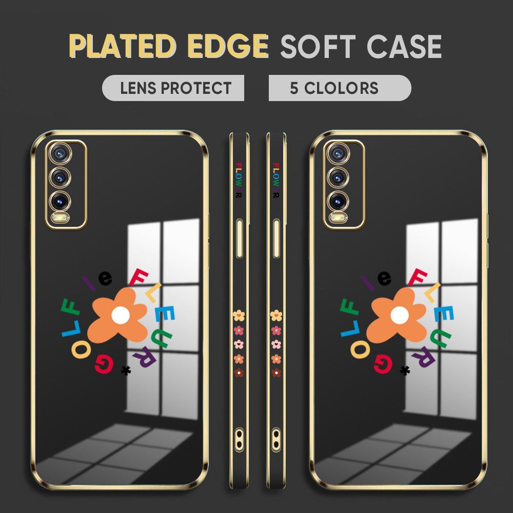 Luxury 6D Plating Case for Vivo Y20SG Phone Cases Cartoon Flower Side Print Soft Silicone Square Back Cover