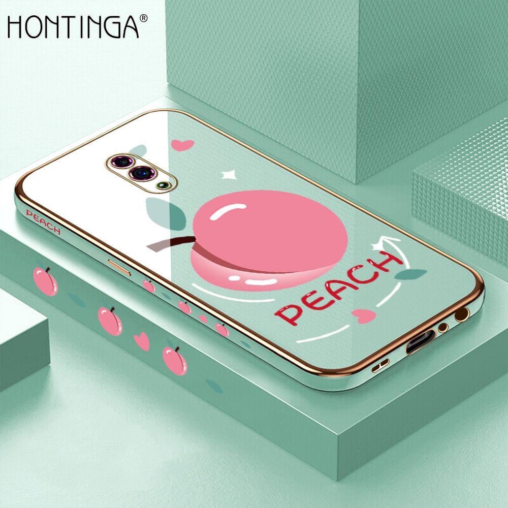 Hontinga for OPPO Reno Case Luxury 6D Plating Soft Casing Silicone Square Frame Phone Cover Shiny Bling Side Print Cartoon Simple Peach Cases