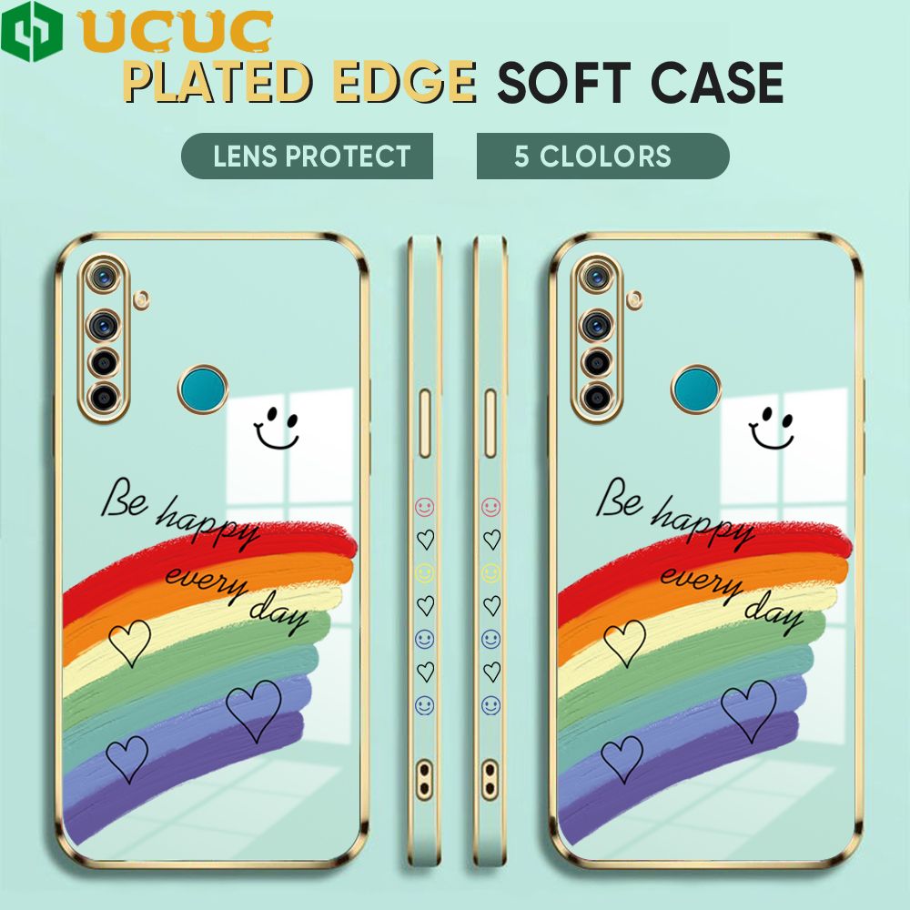 UCUC for Realme 5 5i 5s 6i Back Cover + Free Lanyard Rainbow Doodle Luxury 6D Plating Case Side Pattern Soft Silicone Square Phone Cases