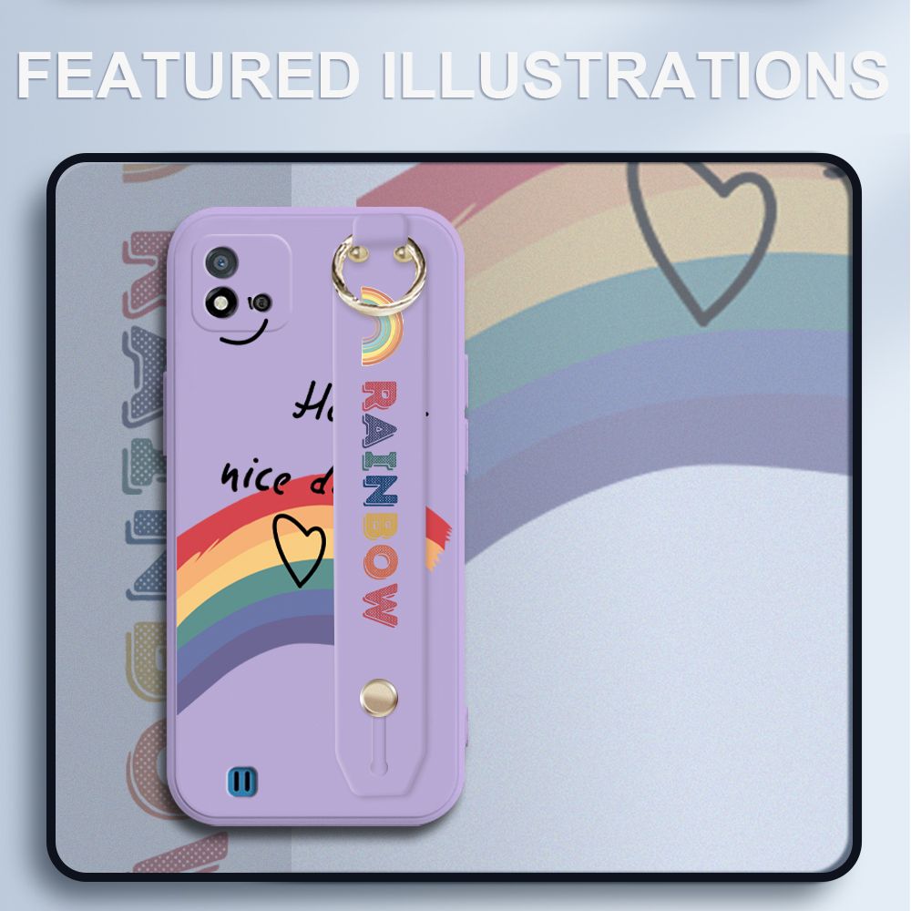 UCUC for Realme C20 Wrist Strap Case INS Style Smile Rainbow Cover Ultra Thin Anti Fall Liquid Silicone Phone Case