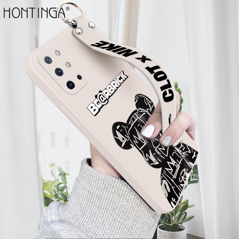 Hontinga for OnePlus 8T Wrist Strap Case Fashion Black Brand Bear Phone Case Square Edge Liquid Silicone Cases Full Cover Camera Shockproof Protection Cases