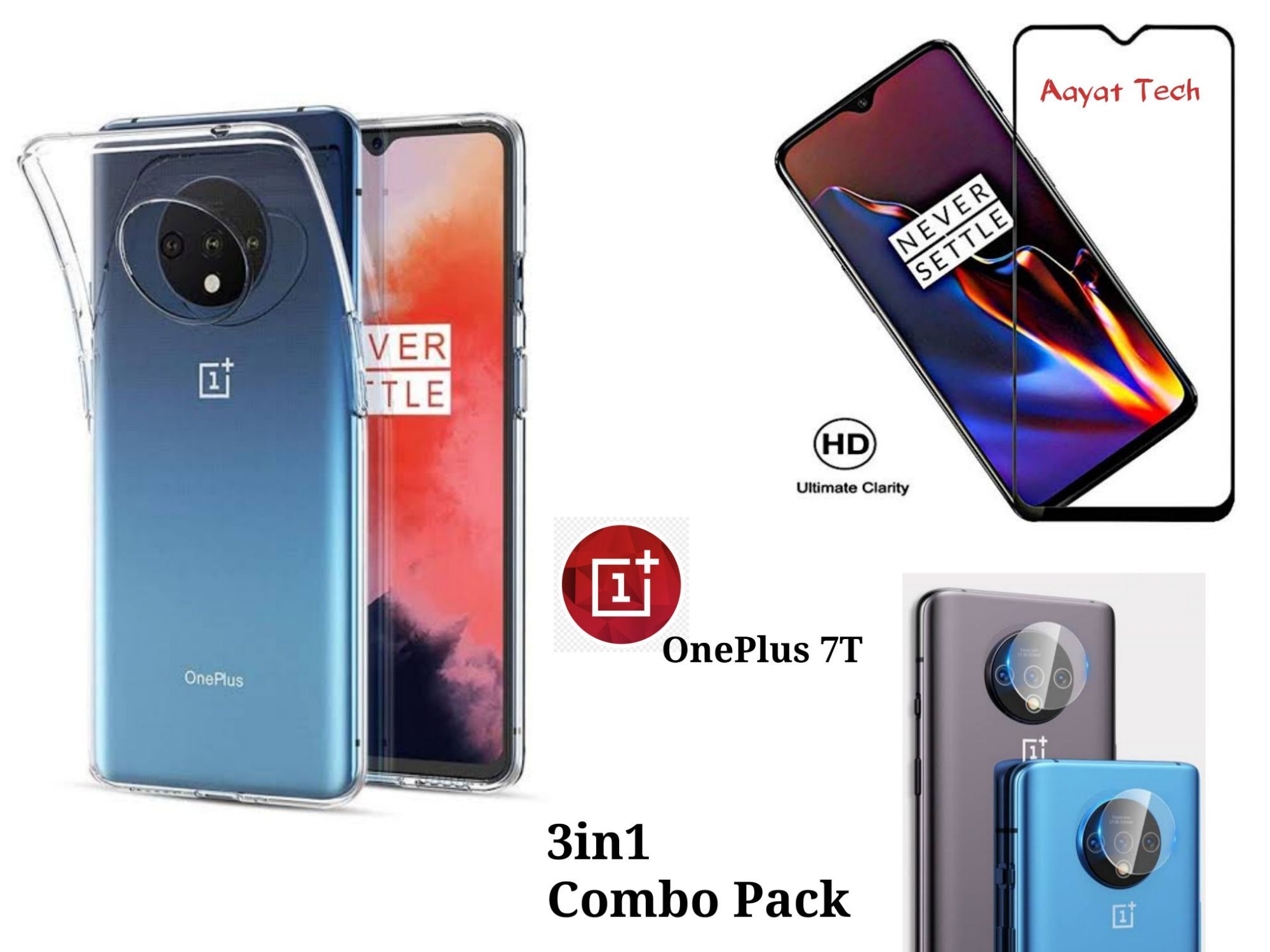 3in1 Combo Pack For OnePlus 7T (High Quality Screen Protector, Camera Lens Protector, Soft Clear Back Cover)