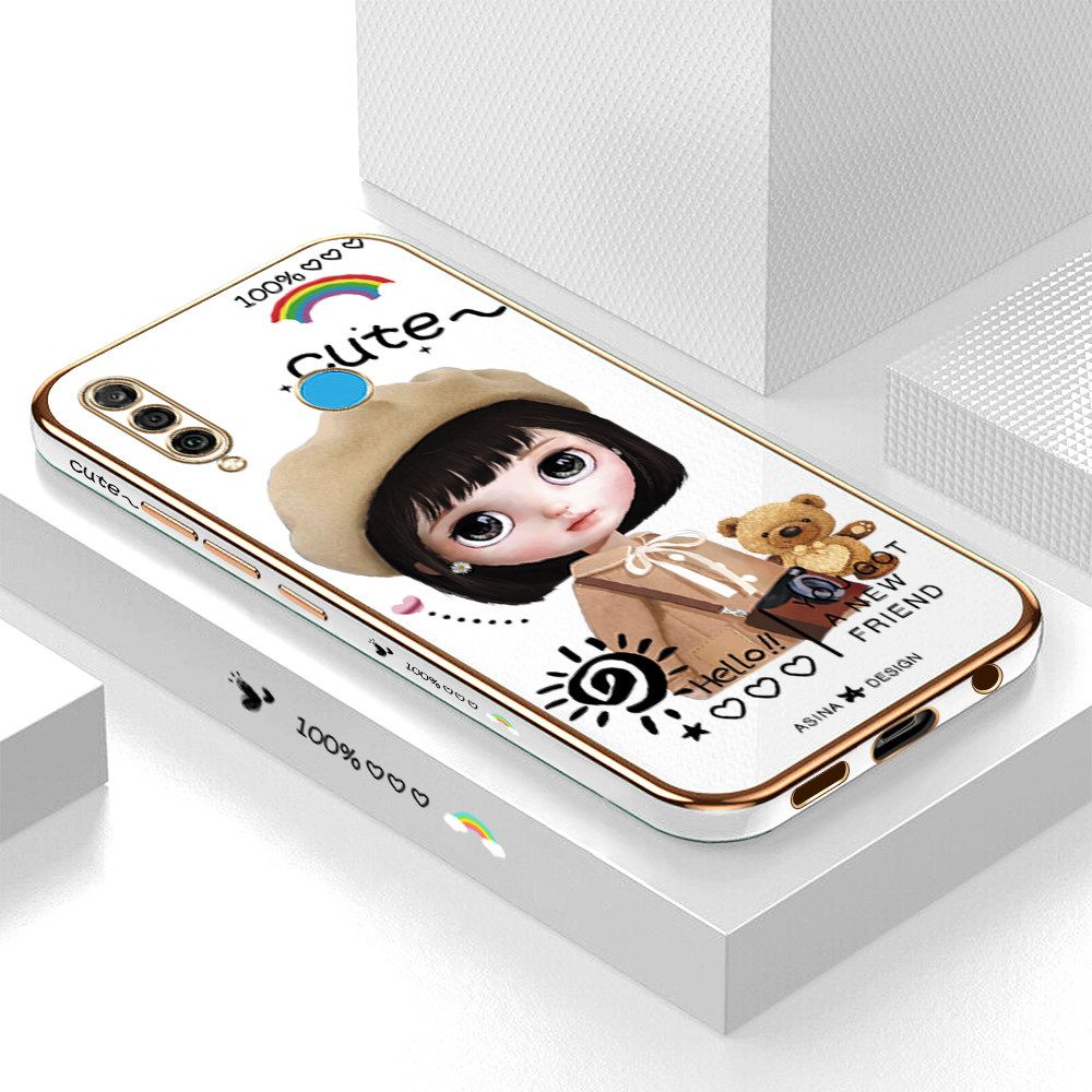 Luxury 6D Plating Soft Casing Silicone Square Frame Phone Case For Huawei P30 Lite Case Shiny Bling Back Cover Cute Girl With Shoulder Bag Square Edge Pattern Design Soft Case + Free Lanyard