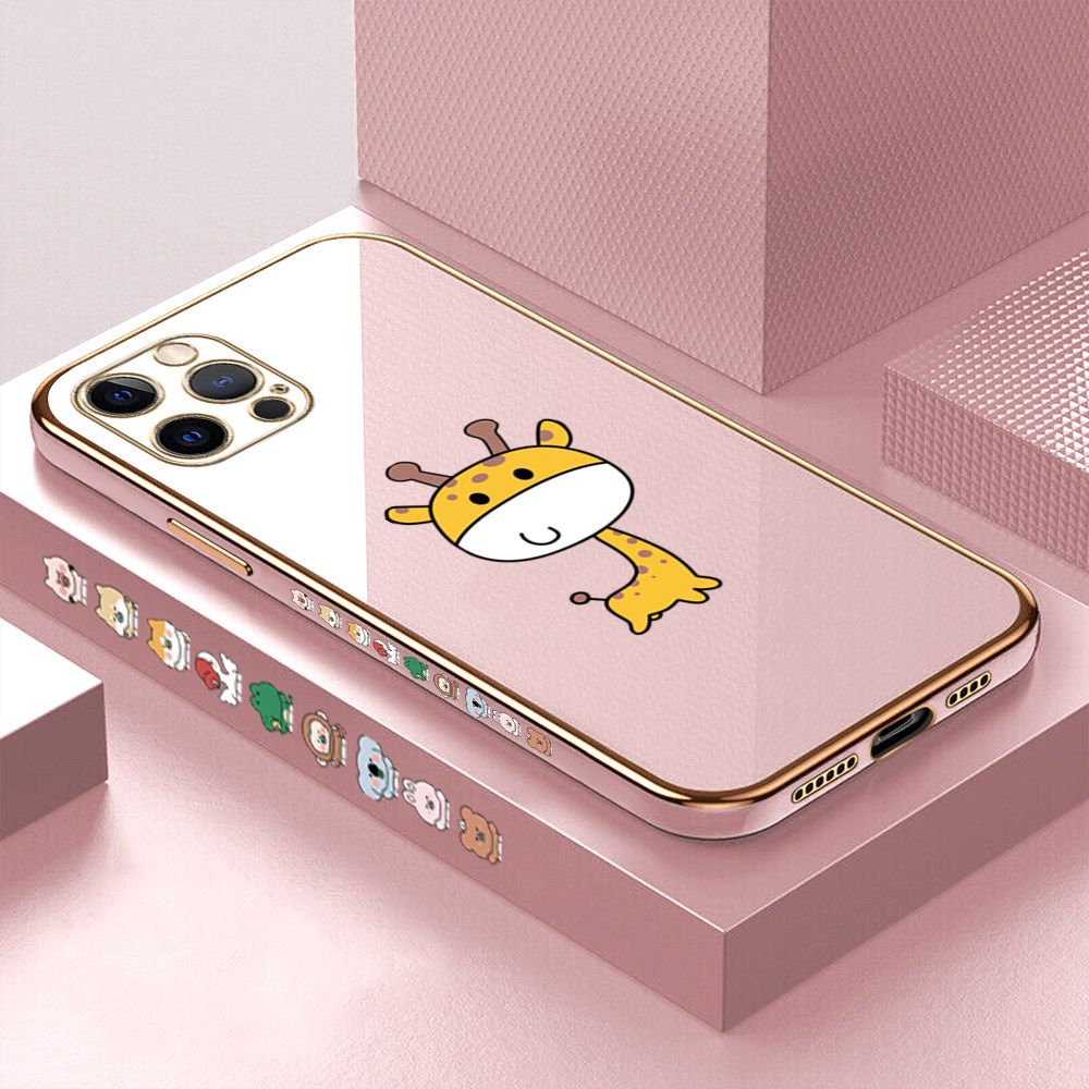 Luxury 6D Plating Case for iPhone 12 Pro Max Color Cute Giraffe Side Pattern Back Cover Soft Silicone Square Frame Shiny Bling Phone Cases + Free Lanyard