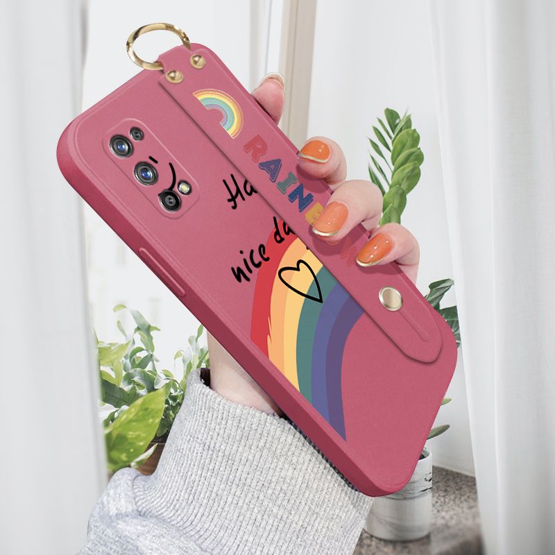 Jizetin for Realme 7 Pro Wrist Strap Case INS Style Smile Rainbow Cover Ultra Thin Anti Fall Liquid Silicone Phone Case