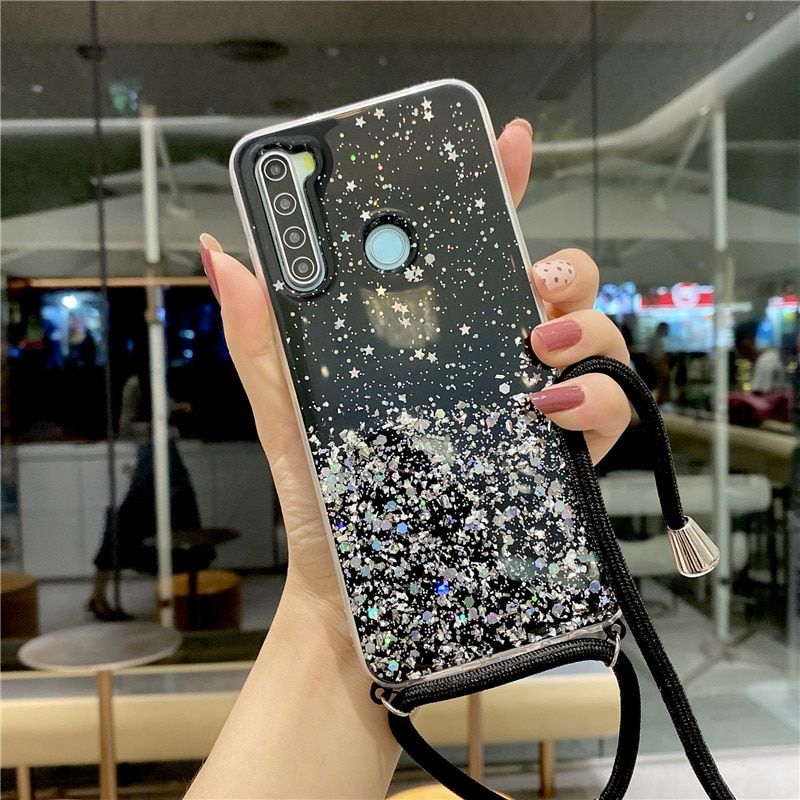 Strap Cord Lanyard Phone Cases For Xiaomi Redmi 8A 7A 6A 5A 4X K20 K30 Pro Redmi Note 9 9S 8T 8 6 5 Pro 4 Glitter Silicone Cover