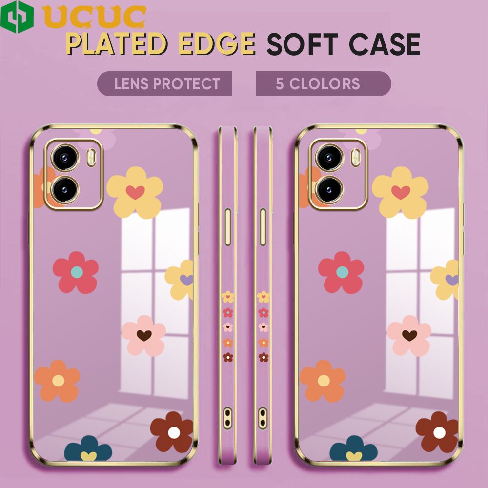 UCUC for Vivo Y01 / Y01A / Y15S / Y15A / Y15C Back Cover + Free Lanyard INS Style Flower Luxury 6D Plating Case Side Pattern Soft Silicone Square Phone Cases