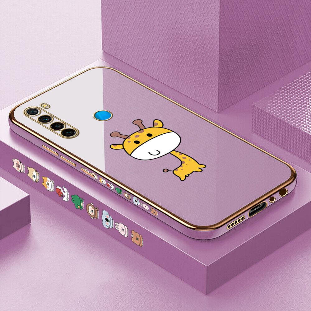 Luxury 6D Plating Case for Redmi Note 8 Color Cute Giraffe Side Pattern Back Cover Soft Silicone Square Frame Shiny Bling Phone Cases + Free Lanyard