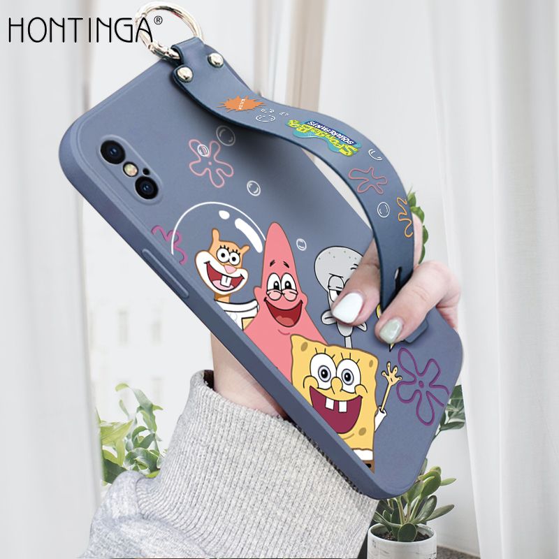 Hontinga for iPhone X XS Wrist Strap Case Cute Cute Funny Cartoon Sponge for Square Pants Cover Square Edge Liquid Silicone Anti-drop Phone Case