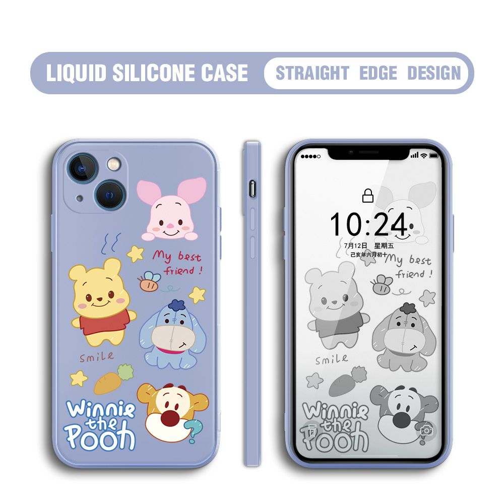 BILI for iPhone 13 Mini Back Cover Cute Winne Friends Multicolor Liquid Silicone Phone Case Soft Square Lens Protection Phone Cases
