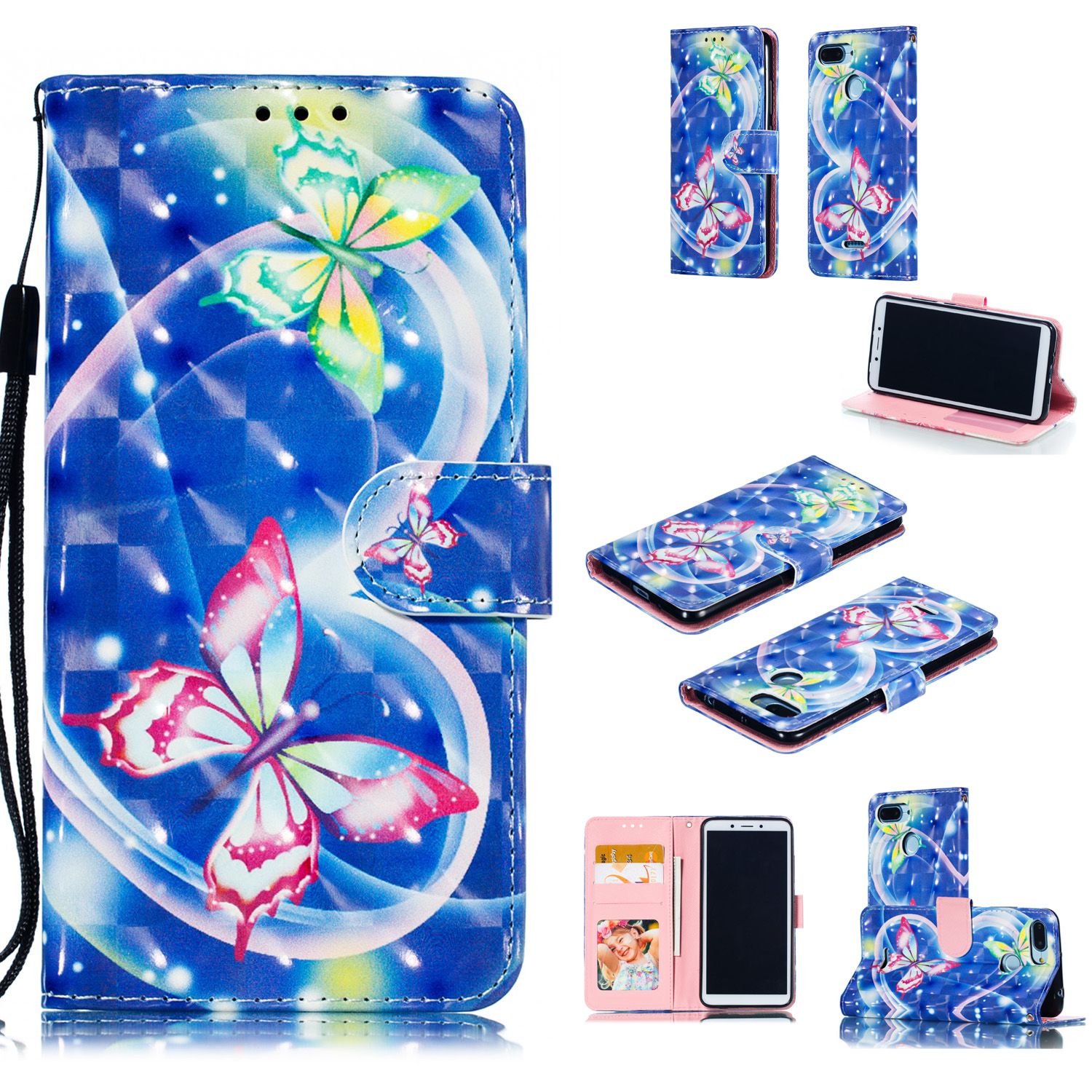 Yfashion For Redmi 6/Redmi 6A Coloured Painted PU Magnetic Clasp Phone Case with Card Slots Bracket Lanyard