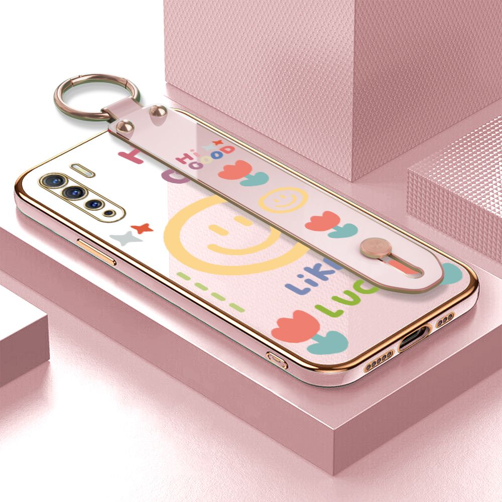 ZeroQiQi for OPPO Reno3 4G Wrist Strap Back Cover Flower Smiley Fashion Luxury 6D Plating Soft Casing Silicone Square Frame Phone Case