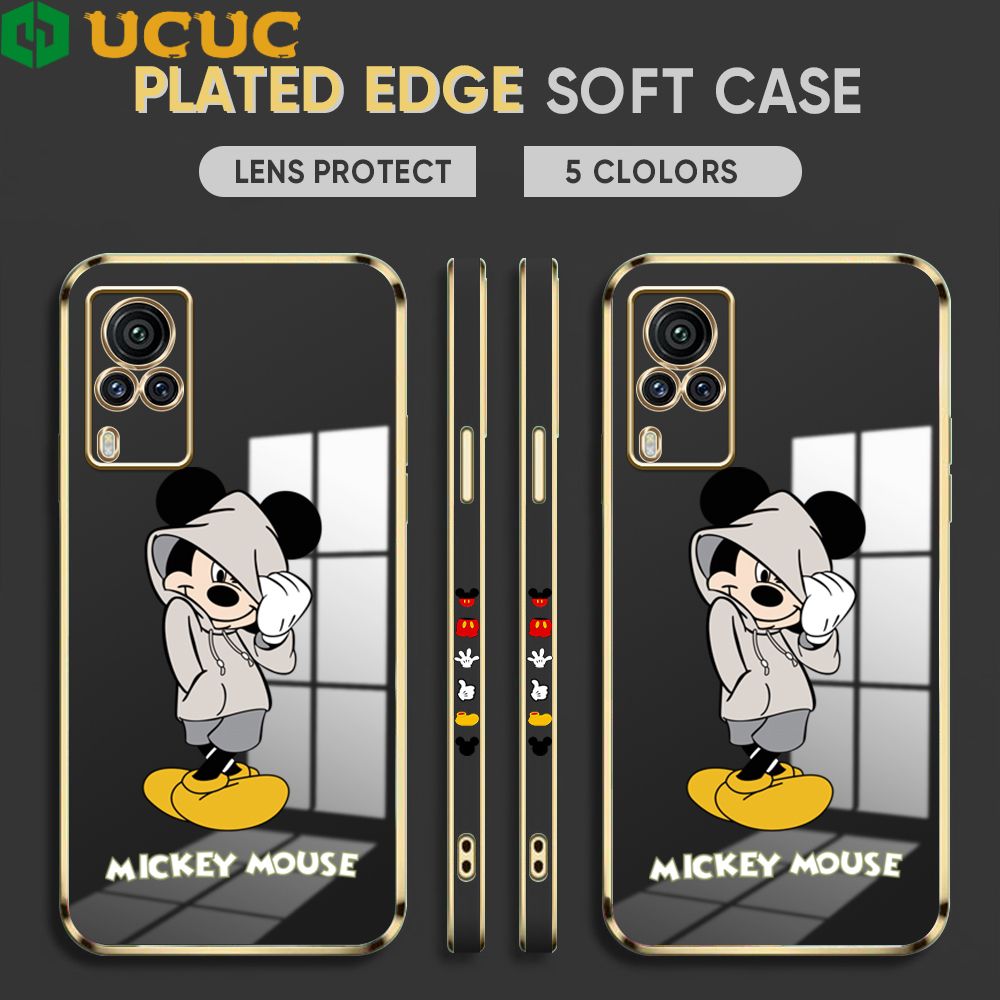 UCUC for Vivo X60 Pro Back Cover + Free Lanyard Hoodie Mouse Luxury 6D Plating Case Side Pattern Soft Silicone Square Phone Cases