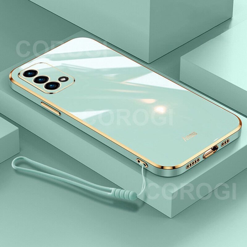 For OPPO F19 Back Cover + Wrist Strap Luxury Shiny Plating Square Shockproof Bumper Camera Lens Protection Soft TPU Silicone Phone Case