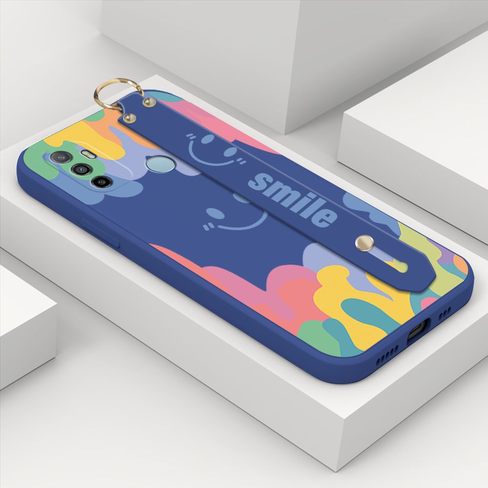 ZeroQiQi for OPPO A33 2020 Wrist Strap Case Soft Candy Color Splash Ink Cover Trend Square Printed Pattern Liquid Silicone Phone Case