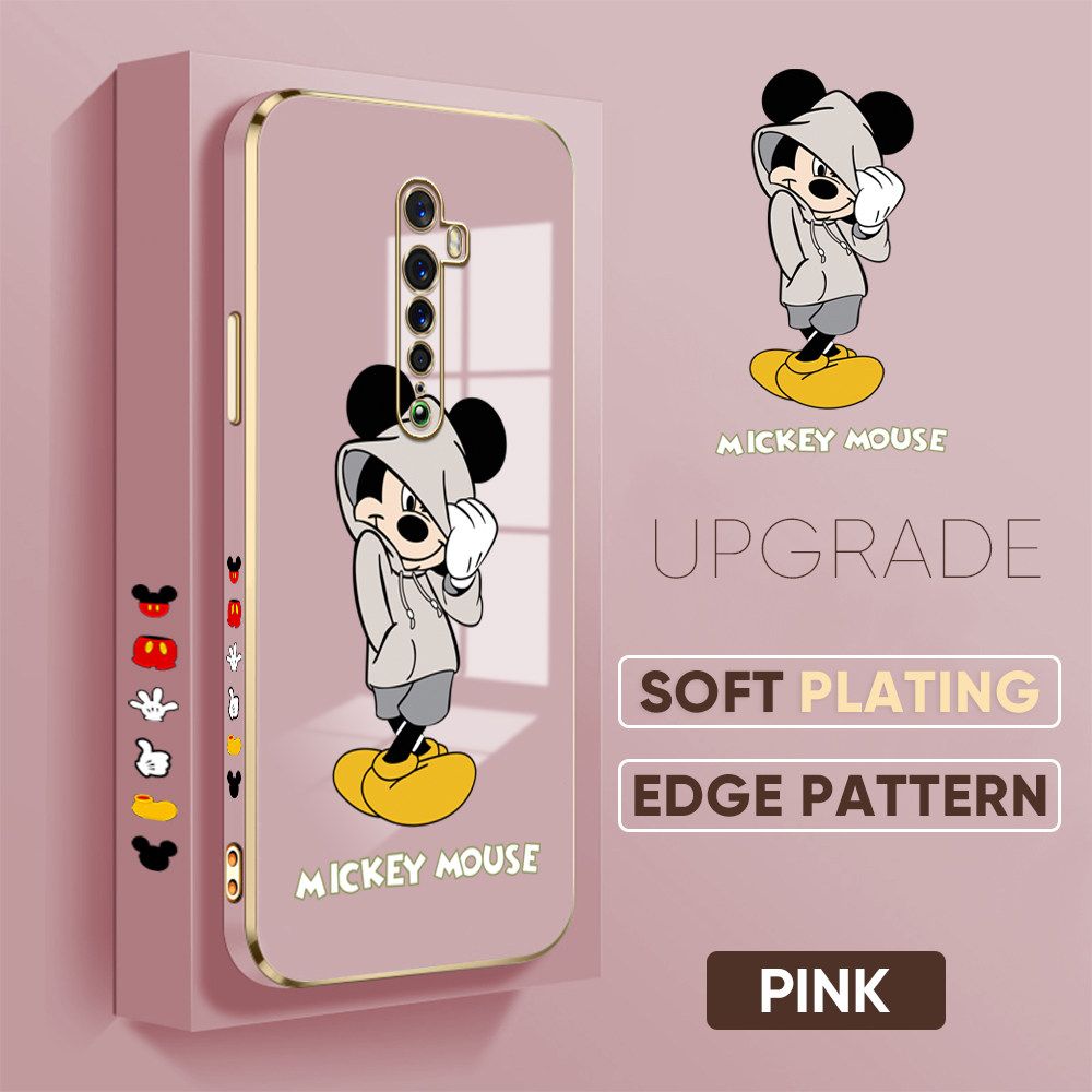 TA for OPPO Reno 2 Back Cover + Free Lanyard Handsome Mouse Luxury 6D Plating Case Side Pattern Soft Silicone Square Phone Cases