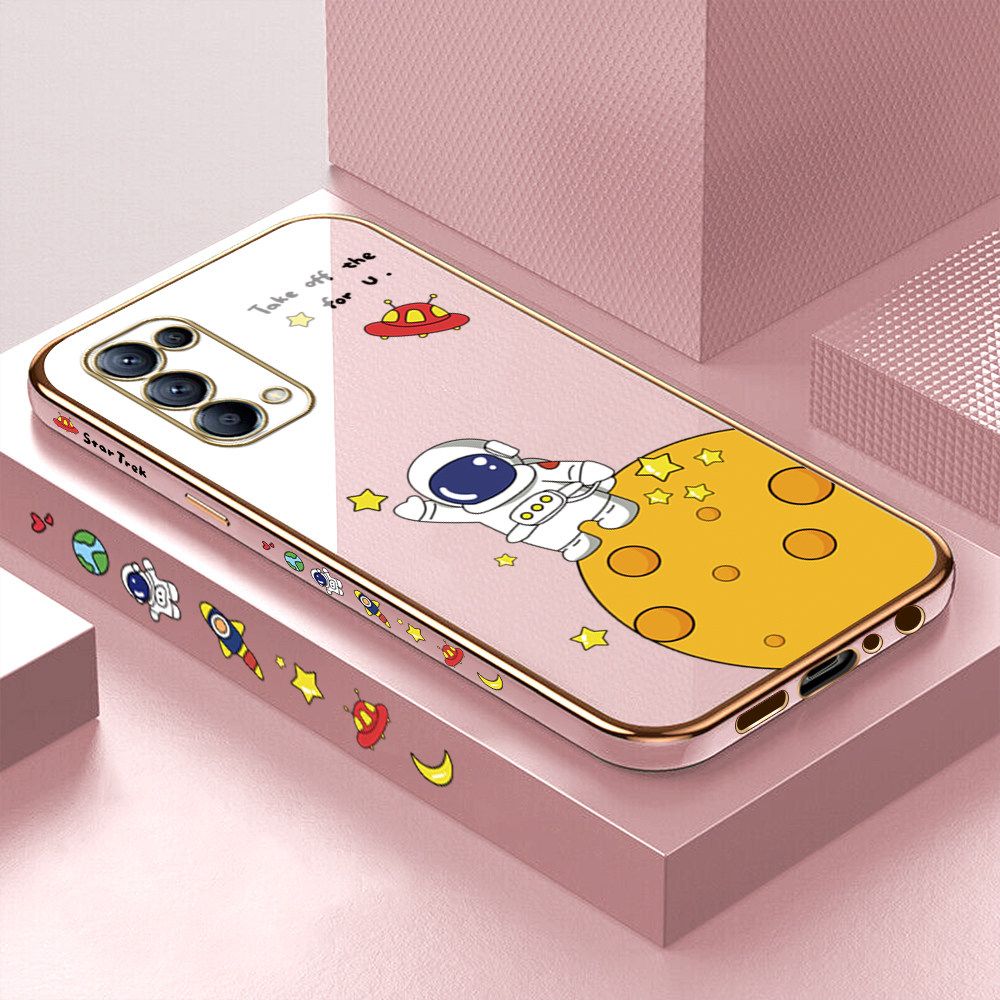 Luxury 6D Plating Case for OPPO Reno5 Cute Cartoon Happy Astronaut Side Pattern Back Cover Soft Silicone Square Frame Shiny Bling Phone Cases + Free Lanyard
