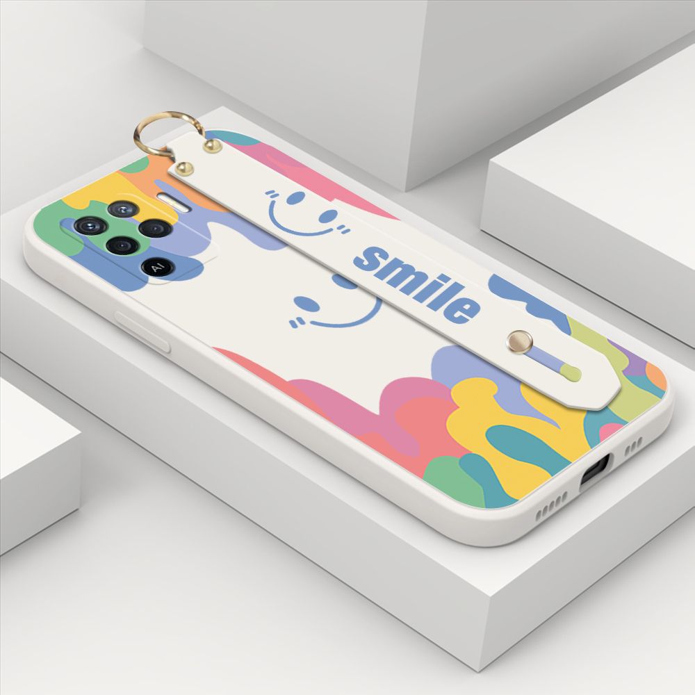 ZeroQiQi for OPPO A94 Wrist Strap Case Soft Candy Color Splash Ink Cover Trend Square Printed Pattern Liquid Silicone Phone Case