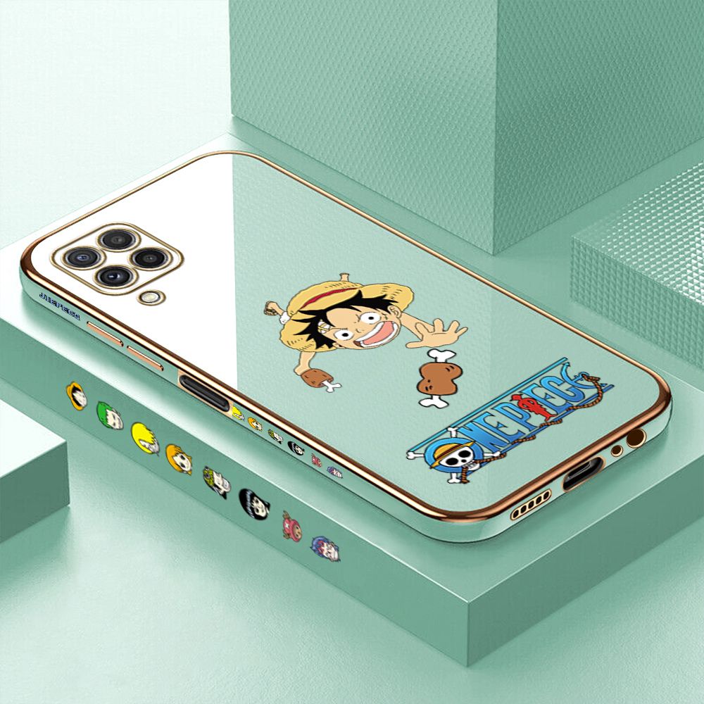 Luxury 6D Plating Case for Samsung A22 4G Cartoon Meaty Luffy Side Pattern Back Cover Soft Silicone Square Phone Cases + Free Lanyard