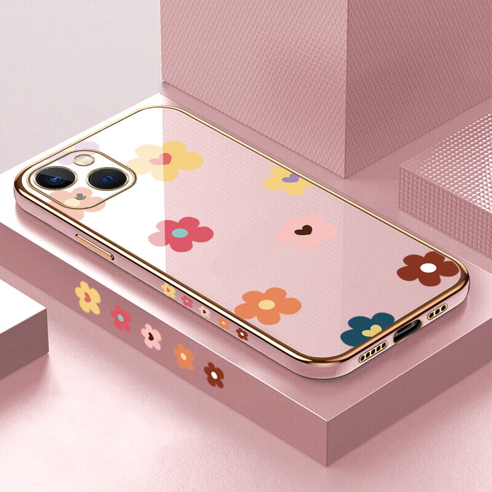 Luxury 6D Plating Case for iPhone 13 Color Cartoon Flowers Side Pattern Back Cover Soft Silicone Square Frame Shiny Bling Phone Cases + Free Lanyard